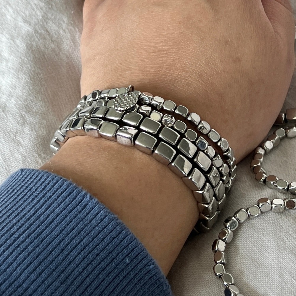 Marilyn Schiff Silver Cube Bead Bracelet Set OS Geometric Minimalist Stackable